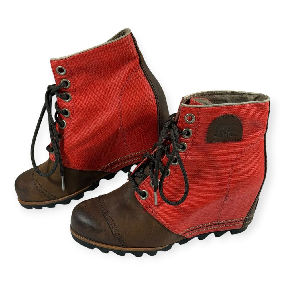 Sorel PDX Wedge Ankle Boots, Bonfire Orange,WP, Leather/Coated Canvas, Women's 9
